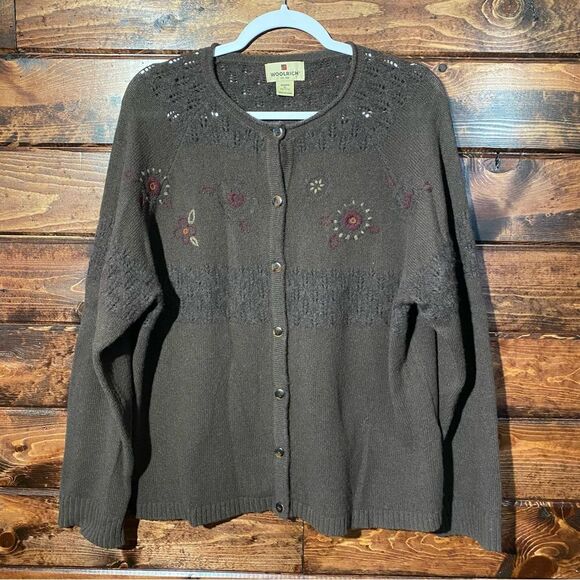 Woolrich Lambs Wool Brown Embroidered Button Up Sweater Women's Size XLP - Picture 2 of 14